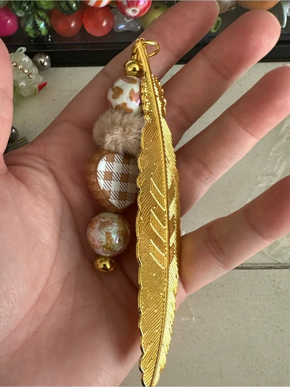 Gold Feather Bookmark Charm with Beige & White Beads